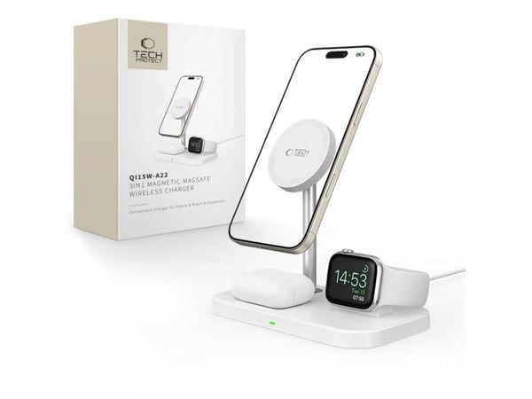 Tech-Protect QI15W-A22 MagSafe induktiv laddare med 3-i-1 MagSafe-stativ för smartphone / Apple Watch / AirPods - vit