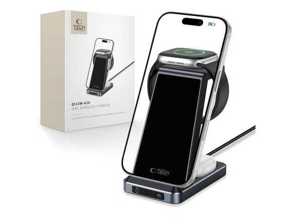 Tech-Protect QI15W-A26 induktiv lader 15W 3-i-1 for smarttelefon / hodetelefoner / Apple Watch - svart