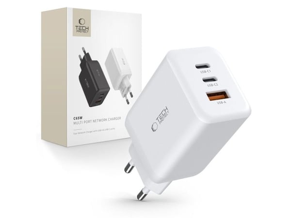 Tech-Protect TECH-PROTECT C65W 3-port nettverkslader PD65W/QC3.0 hvit