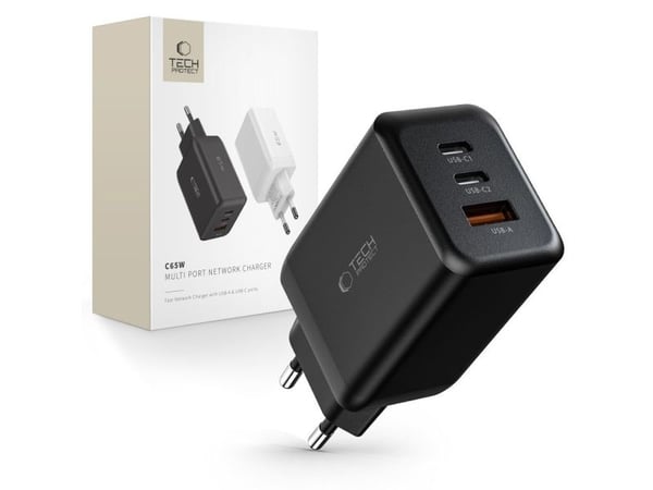 Tech-Protect TECH-PROTECT C65W 3-port nettlader PD65W/QC3.0, svart