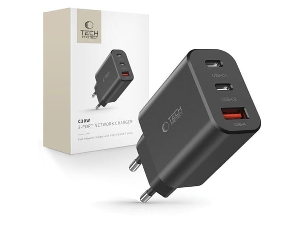 Tech-Protect NC30W 3-port nettverkslader PD30W/QC3.0 sort