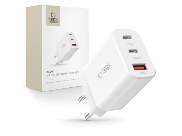 Tech-Protect NC30W 3-port nettverkslader PD30W/QC3.0 hvit