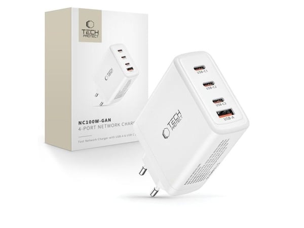 Tech-Protect TECH-PROTECT NC100W-GAN 4-port nettverkslader PD100W/QC3.0 – hvit