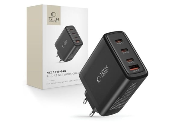 Ladowarka Tech-Protect TECH-PROTECT NC100W-GAN 4-PORT NETWORK CHARGER PD100W/QC3.0 BLACK