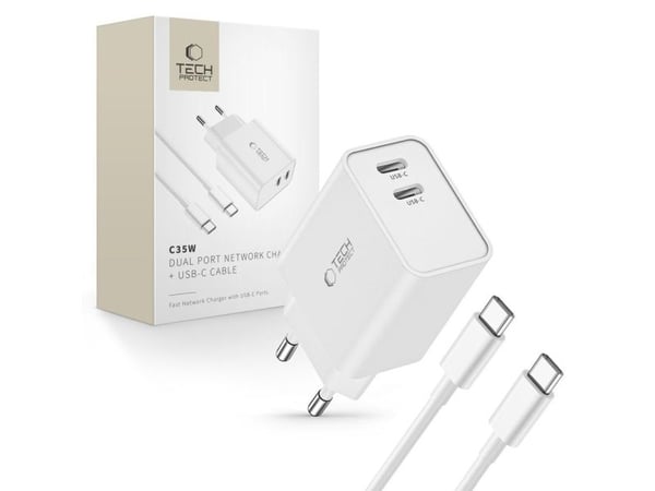 Tech-Protect C35W 2x USB-C PD 35W verkkolaturi USB-C / USB-C-kaapelilla - valkoinen