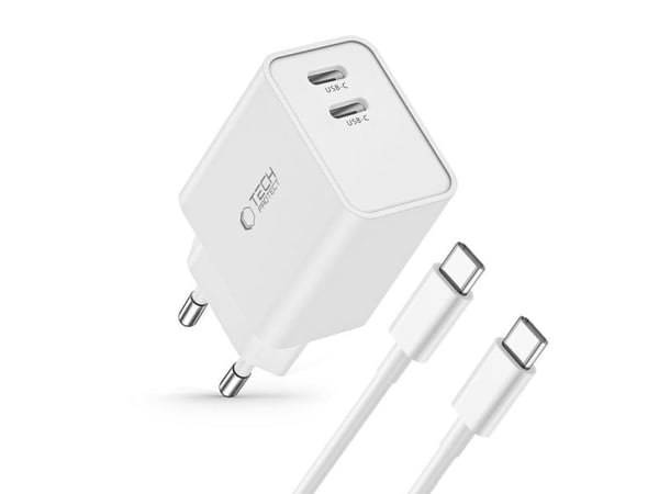 Tech-Protect C35W 2x USB-C PD 35W verkkolaturi USB-C / USB-C-kaapelilla - valkoinen