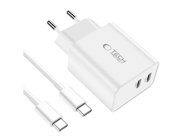 Tech-Protect C35W 2x USB-C PD 35W verkkolaturi USB-C / USB-C-kaapelilla - valkoinen