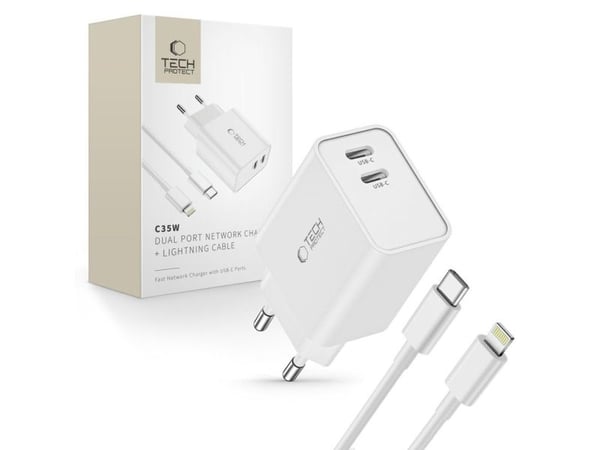 Ladowarka Tech-Protect TECH-PROTECT C35W 2-PORT NETWORK CHARGER PD35W + LIGHTNING CABLE WHITE