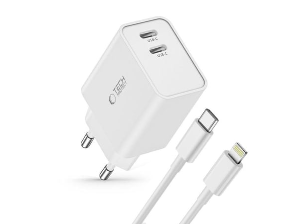 Ladowarka Tech-Protect TECH-PROTECT C35W 2-PORT NETWORK CHARGER PD35W + LIGHTNING CABLE WHITE