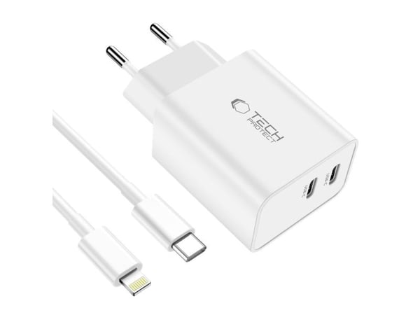 Ladowarka Tech-Protect TECH-PROTECT C35W 2-PORT NETWORK CHARGER PD35W + LIGHTNING CABLE WHITE
