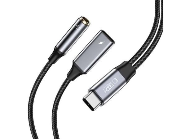 Tech-Protect UltraBoost USB-C (uros) PD 60W 6A / miniliitin 3.5mm (naaras) - USB-C (naaras) kaapeli - musta