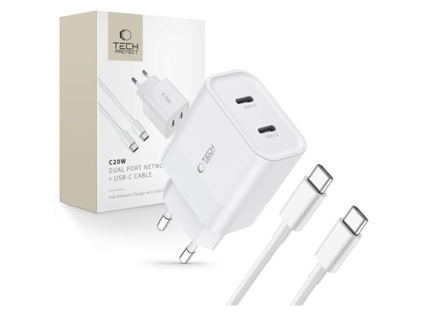 Tech-Protect C20W nettlader 2x USB-C PD 20W med USB-C / USB-C-kabel - hvit