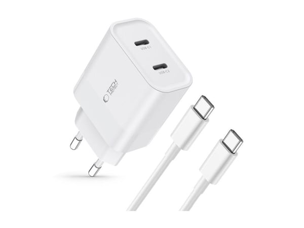 Tech-Protect C20W nettlader 2x USB-C PD 20W med USB-C / USB-C-kabel - hvit