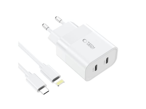 Tech-Protect C20W nettlader 2x USB-C PD 20W med USB-C / USB-C-kabel - hvit
