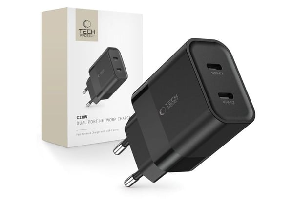 Tech-Protect Lader PD 20W Vegglader 2x USB-C Tech-Protect C20W svart