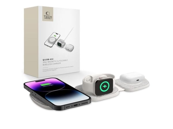 Tech-Protect QI15W-A32 3-i-1 induktiv laddare med MagSafe för smartphone / Apple Watch / AirPods - grå