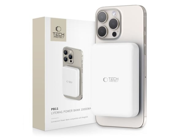 Powerbank Tech-Protect LifeMag PB11 med MagSafe 10000mAh 15W USB-C-port - hvit + USB-C-kabel
