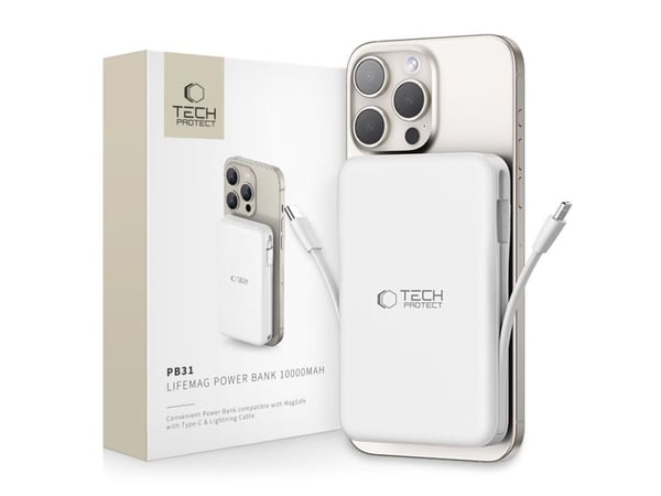 Powerbank Tech-Protect LifeMag PB31 med MagSafe 10000mAh 15W USB-C / USB-A / innebygde USB-C / Lightning-kabler - hvit