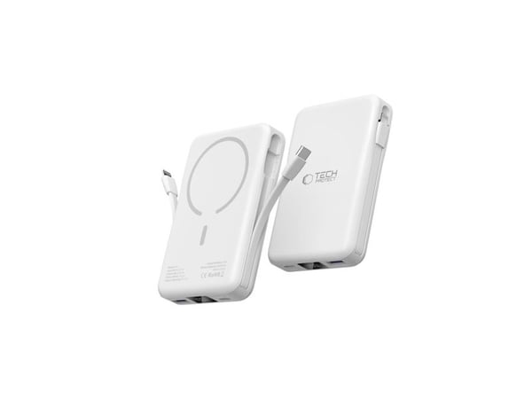 Powerbank Tech-Protect LifeMag PB31 med MagSafe 10000mAh 15W USB-C / USB-A / innebygde USB-C / Lightning-kabler - hvit