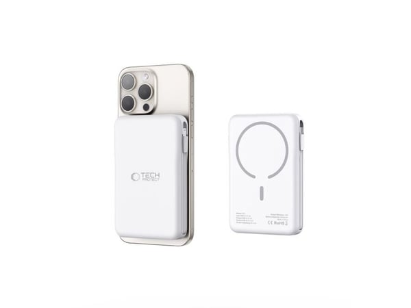 Powerbank Tech-Protect LifeMag PB31 med MagSafe 10000mAh 15W USB-C / USB-A / innebygde USB-C / Lightning-kabler - hvit