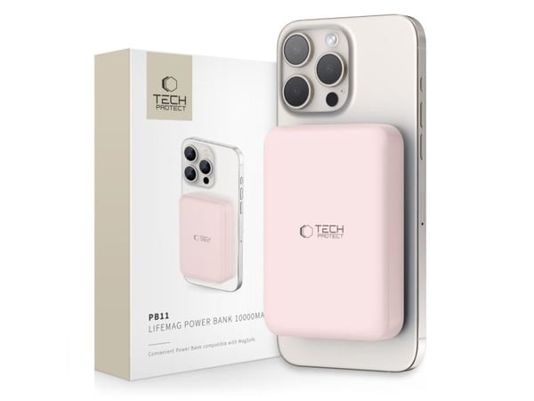 Powerbank Tech-Protect LifeMag PB11 med MagSafe 10000mAh 15W USB-C-port - rosa + USB-C-kabel