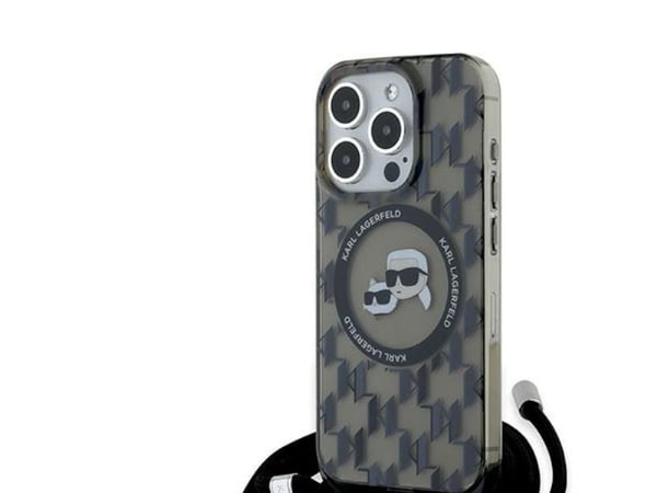 Karl Lagerfeld IML axelremsväska med monogram Karl & Choupette Head MagSafe-skal för iPhone 15 Pro - Svart