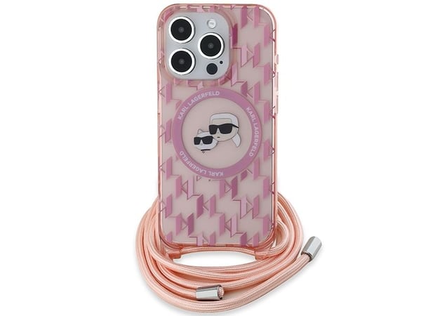 Karl Lagerfeld IML axelremsväska med monogram Karl & Choupette MagSafe-skal till iPhone 15 Pro - rosa