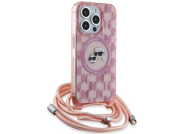 Karl Lagerfeld IML axelremsväska med monogram Karl & Choupette MagSafe-skal till iPhone 15 Pro - rosa