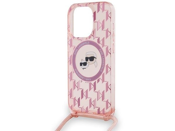Karl Lagerfeld IML axelremsväska med monogram Karl & Choupette MagSafe-skal till iPhone 15 Pro - rosa