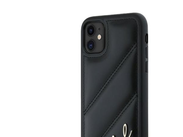Karl Lagerfeld diagonal quiltet script- etui til iPhone 11 / Xr - svart
