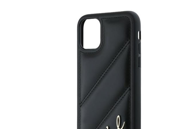 Karl Lagerfeld diagonal quiltet script- etui til iPhone 11 / Xr - svart
