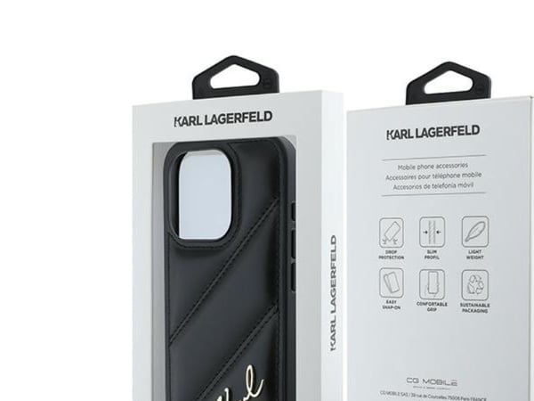 Karl Lagerfeld diagonalt vattert Script-deksel til iPhone 15 Pro - svart