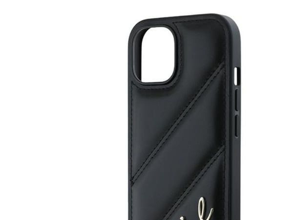 Karl Lagerfeld diagonal quiltat script-fodral till iPhone 15 Plus / 14 Plus - svart