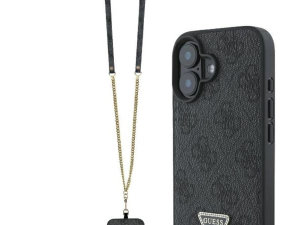 Guess läder metall logotyp strass crossbody-skal för iPhone 16 - svart