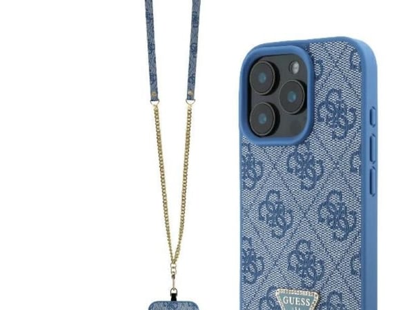 Guess läder metal-logga strass crossbody-skal till iPhone 16 Pro Max - Blå