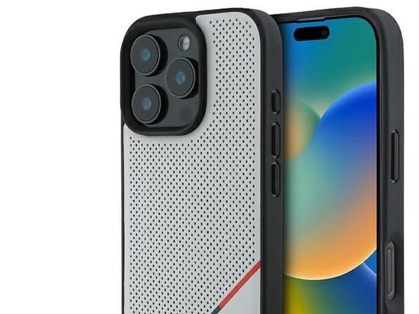 BMW M perforerat tricolor MagSafe-skal till iPhone 16 Pro - grå
