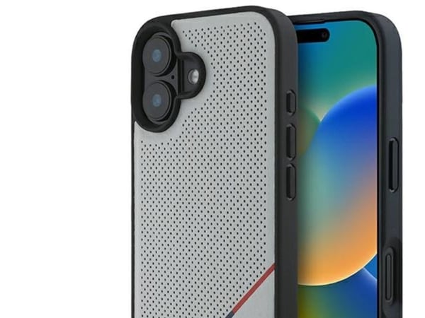 BMW M perforerad tricolor-linje MagSafe-skal till iPhone 16 - Grå