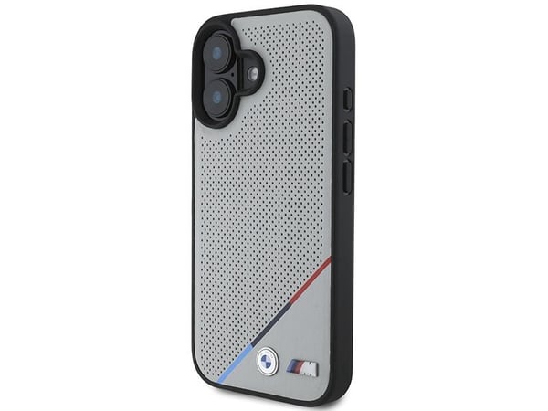 BMW M perforerad tricolor-linje MagSafe-skal till iPhone 16 - Grå