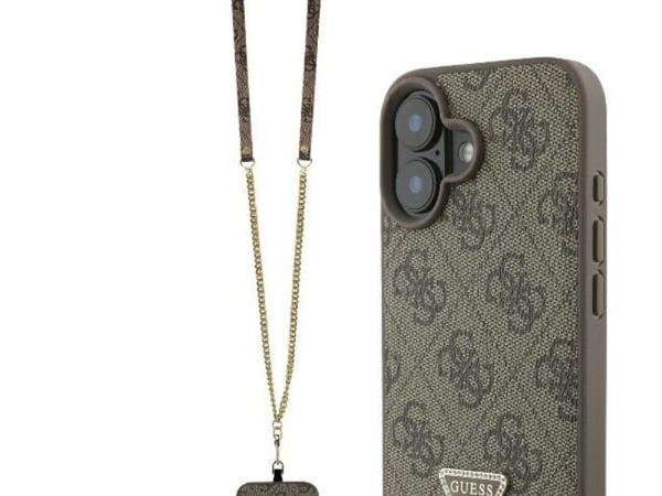 Guess lær metal logo strass crossbody-deksel for iPhone 16 - brun