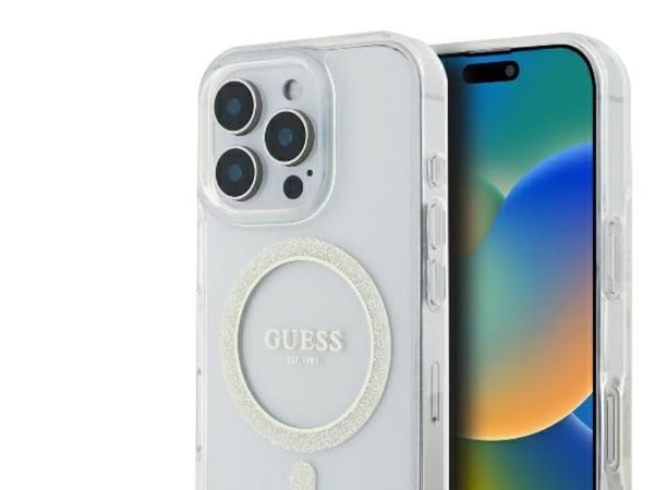 Guess GUHMP16LHFGERET iPhone 16 Pro 6,3" transparent harddeksel IML glitter sirkel MagSafe