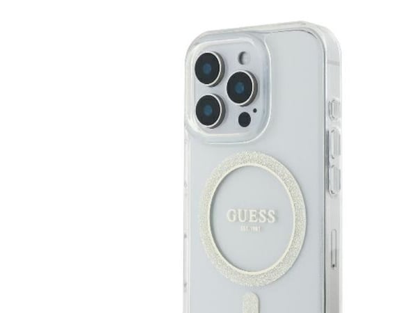 Guess GUHMP16LHFGERET iPhone 16 Pro 6,3" transparent harddeksel IML glitter sirkel MagSafe