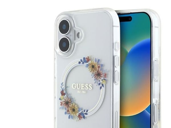 Guess IML Flowers Wreath MagSafe-skal till iPhone 16 Plus - Transparent