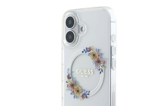 Guess IML Flowers Wreath MagSafe-skal till iPhone 16 Plus - Transparent