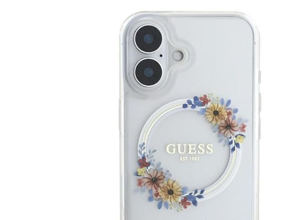 Guess IML Flowers Wreath MagSafe-skal till iPhone 16 Plus - Transparent
