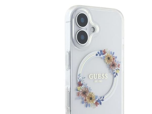 Guess IML Flowers Wreath MagSafe-skal till iPhone 16 Plus - Transparent