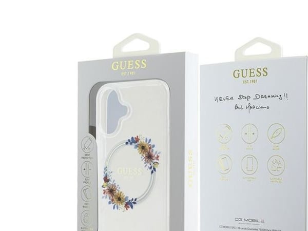 Apple iPhone 16 Plus Guess IML Flowers Wreath MagSafe (GUHMP16MHFWFCT) dėklas telefonui skaidrus (suomenkielinen)