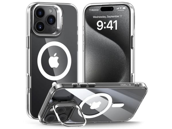 4kom.pl Kotelo iPhone 16 Pro MagStand MagSafe puhelimessa Kirkas