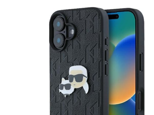 Apple iPhone 16 Karl Lagerfeld Monogram Karl&amp;Choupette Head Pin (KLHCP16SPGKLKCPK) puhelimen tapauksessa musta