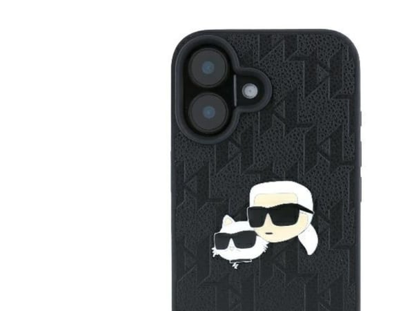 Apple iPhone 16 Karl Lagerfeld Monogram Karl&amp;Choupette Head Pin (KLHCP16SPGKLKCPK) puhelimen tapauksessa musta