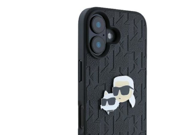 Apple iPhone 16 Karl Lagerfeld Monogram Karl&amp;Choupette Head Pin (KLHCP16SPGKLKCPK) puhelimen tapauksessa musta